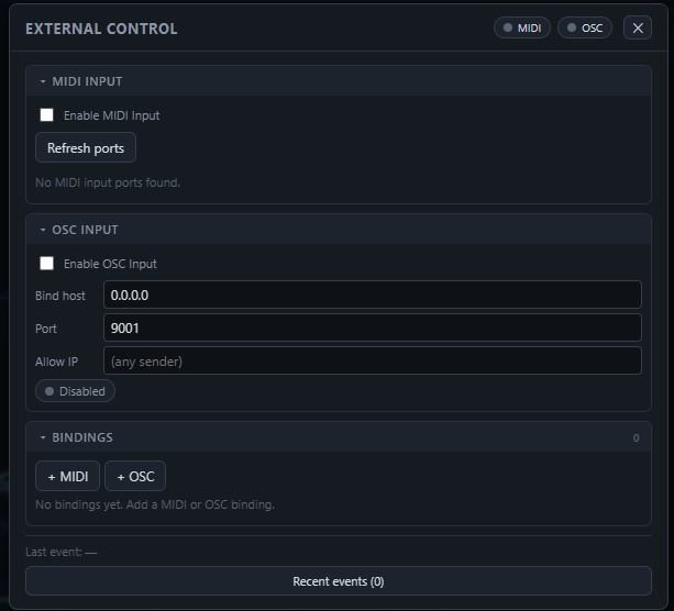 MIDI and OSC external control for Spatial Panner playback