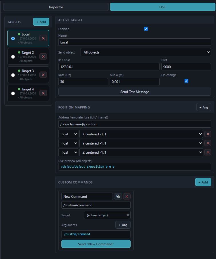 OSC panner output targets and XYZ mapping editor